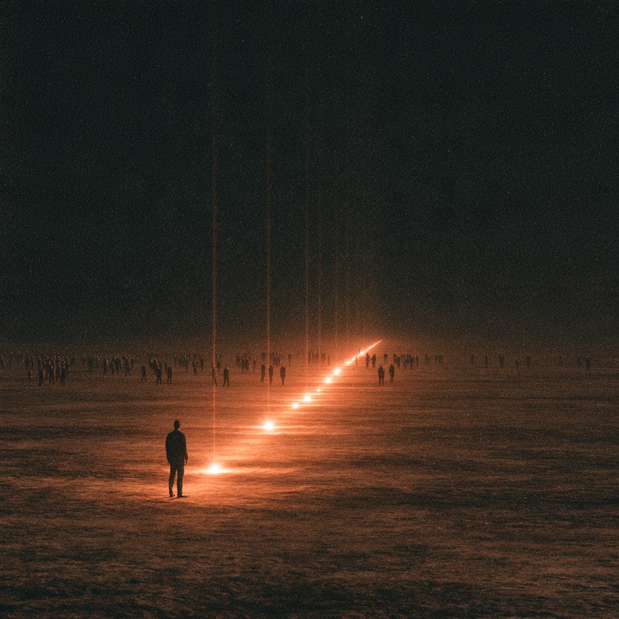 Scattered groups of people on a dark plain, each group condensing into one point of light, the points forming a single line