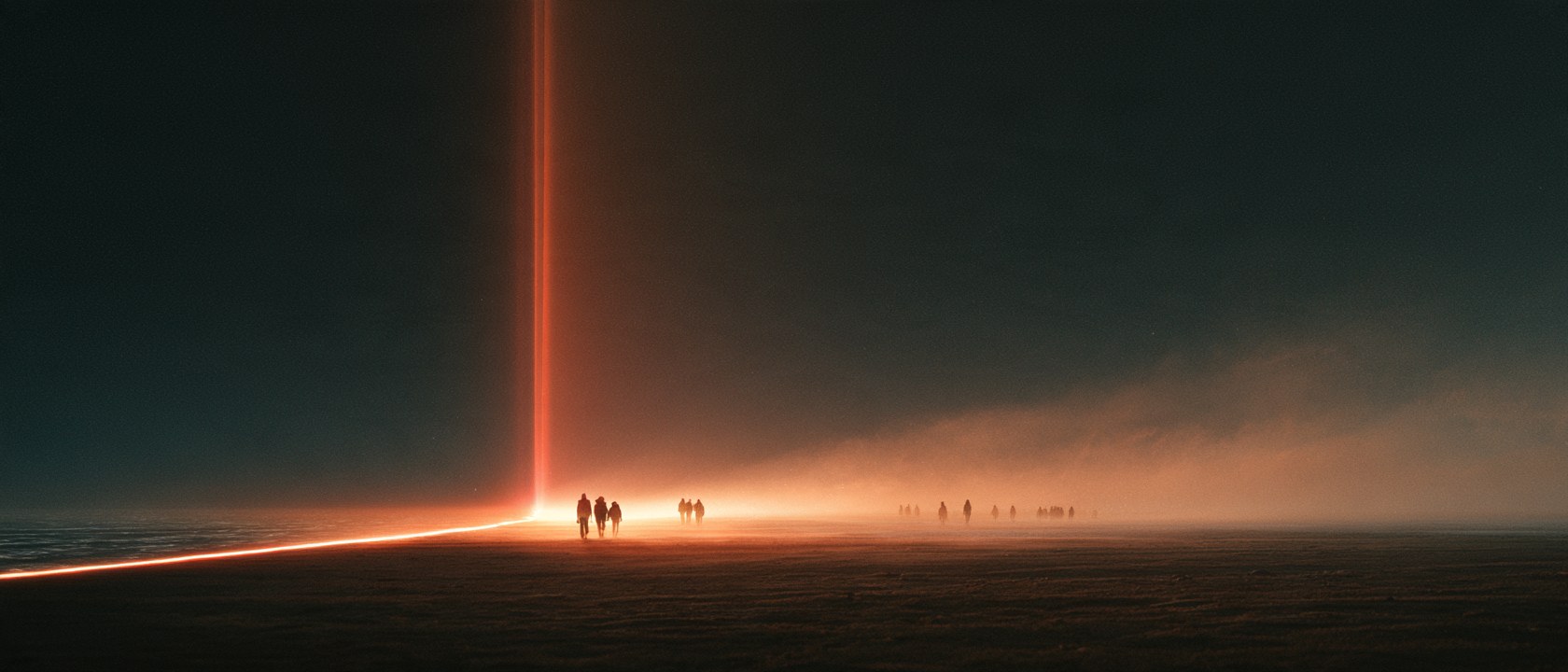 Small groups of people crossing one long line of light on a dark plain, at very different distances