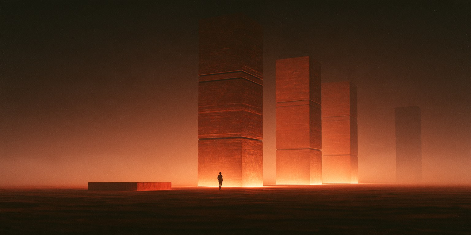 Four stacks of lit slabs standing on a dark plain, the fourth one unlit, with a small figure at the foot of the nearest