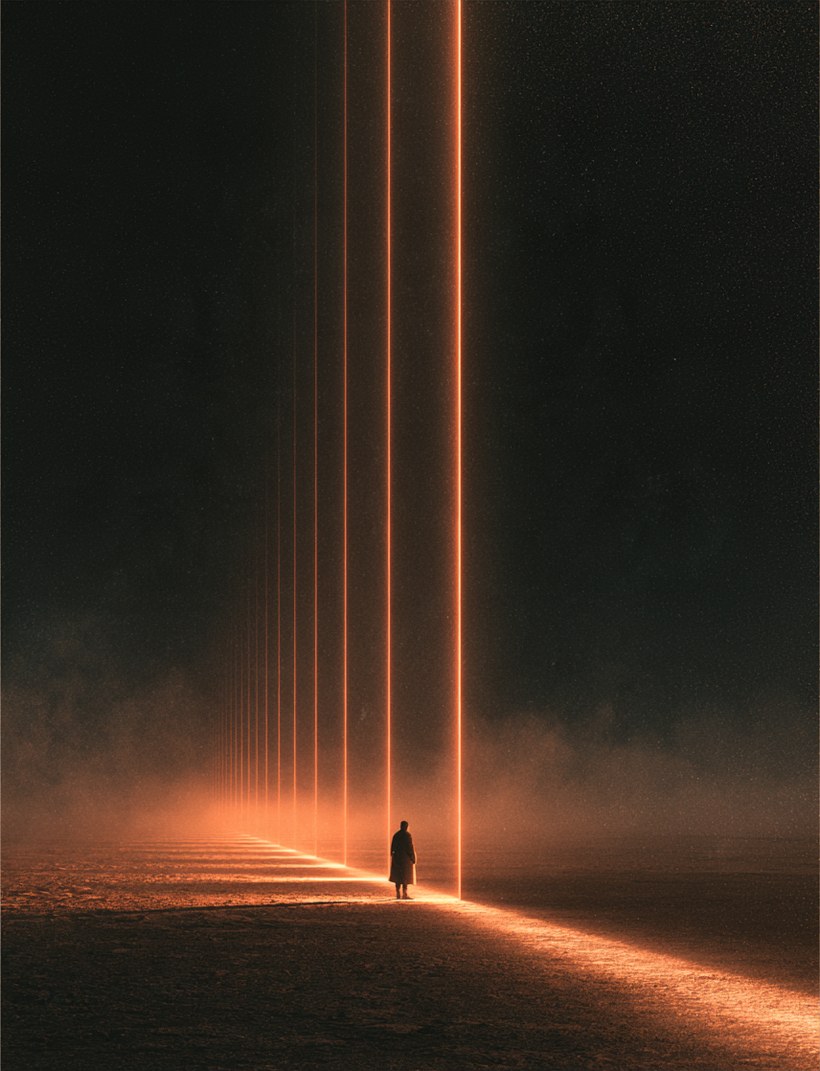 A line of light running to the horizon, cut by vertical gates into segments of unequal length, with a small figure standing beside it