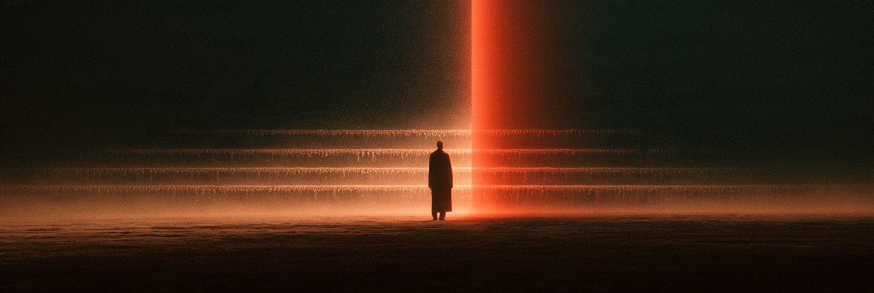 Rows of people on a dark plain lit in horizontal bands, a vertical beam marking where the lit group ends, one figure standing at that edge