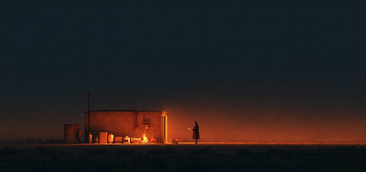 A small house at night with its roof, wall, water, toilet, electricity meter and cooking fire each picked out in light, household goods in a row beside it, and a figure with a clipboard at the door
