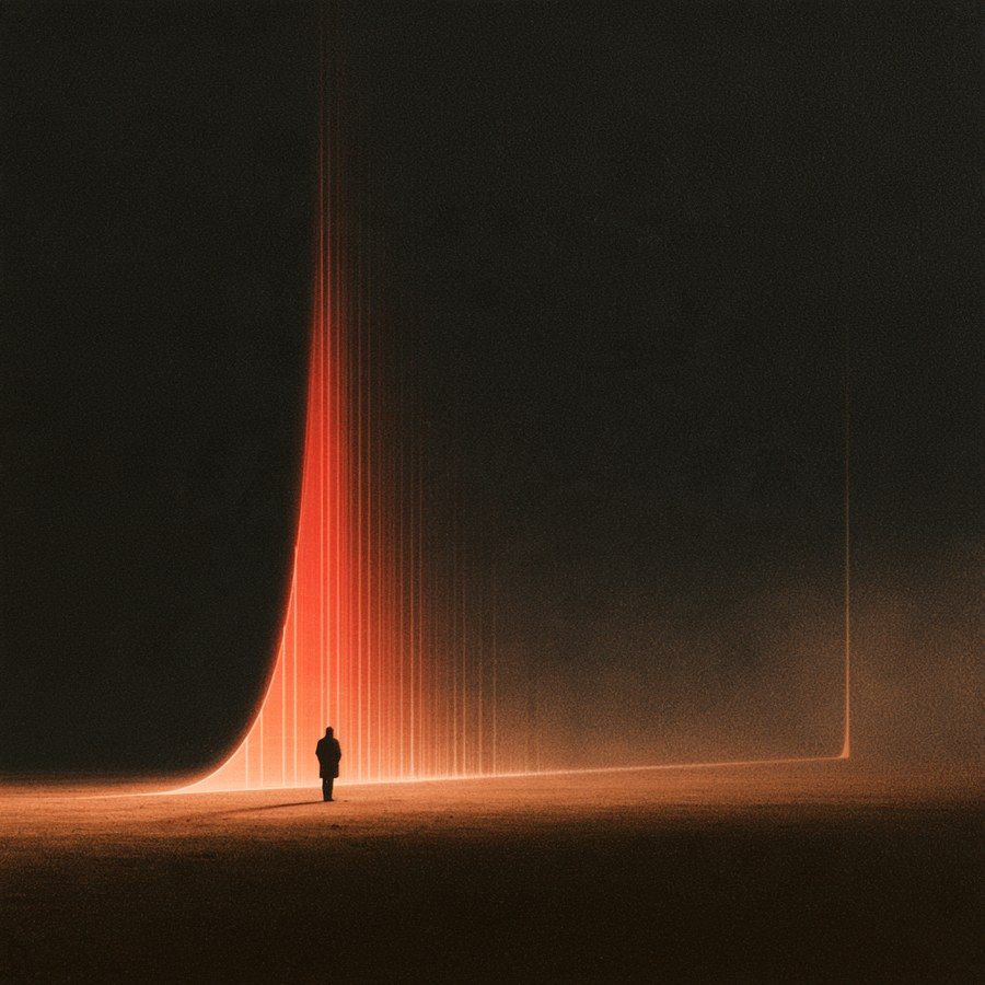 Illustration: a wall of light shaped like a distribution curve rising over a dark plain, with one small figure standing at its foot
